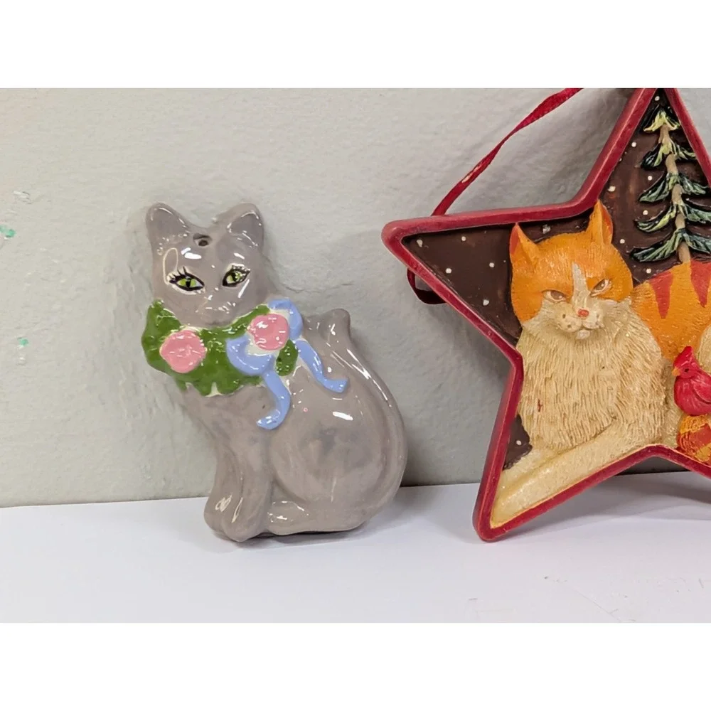 Cat‎ Christmas Ornaments Mixed Materials Cat Lovers Vintage Lot Of 3